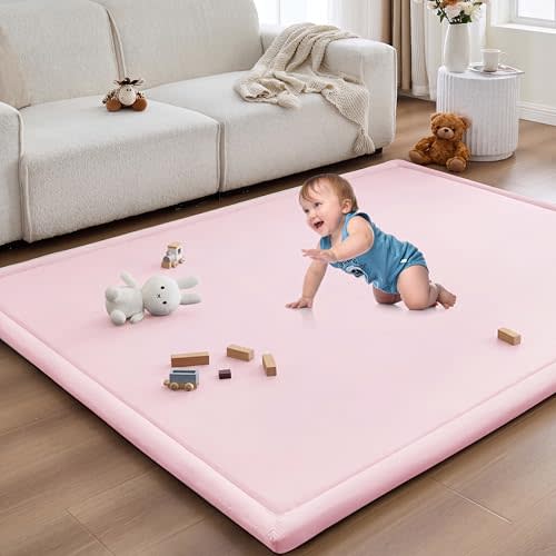 Baby Play Mat for Floor Nursery Rug Muscle Area Playroom Rug Elastic Foam 59x79" Playpenmat Elastic Foam 1.3" Thick Crawling Mat for Babies,Toddlers, Infants, Kids(Plaid Light Pink)