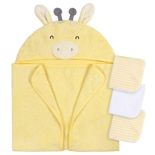 Gerber Baby Yellow Giraffe Hooded Bath Towel & Washcloths, One Size Fits Most, 4-Piece Set