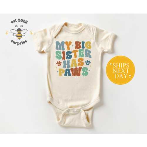 My Big Sister Has Paws Onesie® - Retro Baby Bodysuit - Dog Sister Baby Announcement - Pet Sibling Gender Neutral