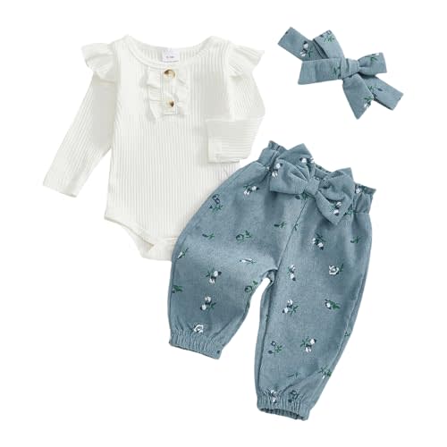Newborn Baby Girl Clothes Fall Rib Knit Romper Corduroy Floral Pants Set Headband 3Pcs Infant Winter Outfits