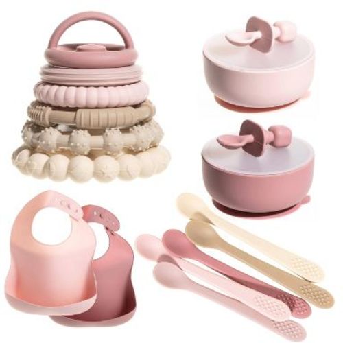 Silicone Baby Essentials Set – Pink Stacking Toy, Feeding Bibs, Suction Bowls with Spoons & First-Stage Spoons – BPA-Free, Safe for Infants & Toddlers