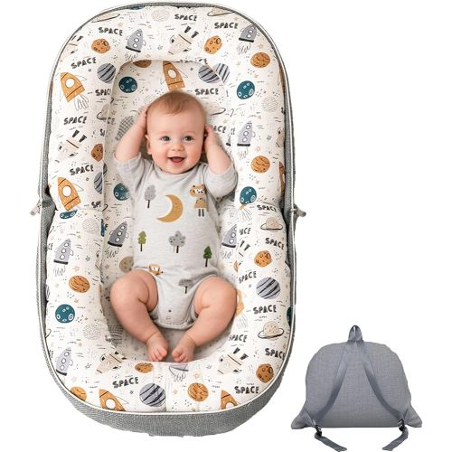 Baby Lounger, Foldable Infant Nest with Soft Memory Foam Mat, Cover with Adorable Pattern, Converts to Backpack for Easy Travel, 0-12 Months, Rocket