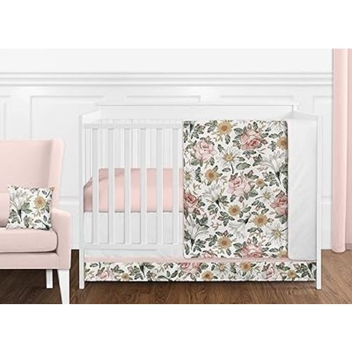 Sweet Jojo Designs Vintage Floral Boho Baby Girl Nursery Crib Bedding Set - 11 Pieces - Blush Pink, Yellow, Green and White Shabby Chic Rose Flower Farmhouse