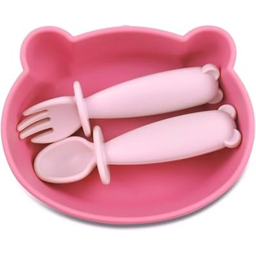 Bear Silicone Baby Bowl Suction Baby Spoon and Fork for Babies 6 months+ Suction Bowls for Baby Utensils 6-12M+ BLW Essentials Must Haves (Hibiscus)