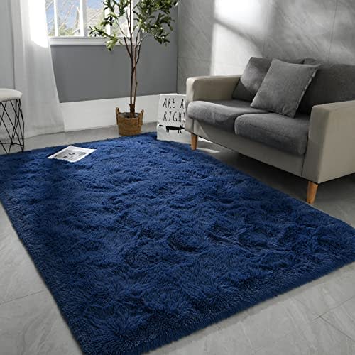 Hutha 5x8 Large Washable Area Rugs for Living Room Navy Blue | Non-Slip Indoor Shag Fuzzy Soft Fluffy Modern Carpet for Bedroom Dorm Bedside Girls Boys Kids Nursery Playroom Home Decor
