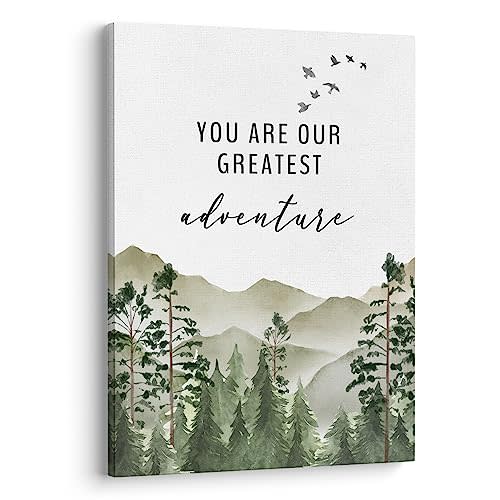 XWELLDAN You are Our Greatest Adventure Woodland Nursery Inspirational Wall Art Canvas Prints,Watercolor Forest Mountain Adventure Wall Art Decor for Kids Baby Bedroom Nursery, 11 x 14 Inch, Framed