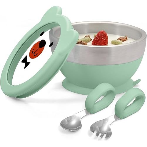 MR. CHOU Baby Suction Bowl Set with Spoon & Fork, Insulated Double-Layer 18/8 Stainless Steel Toddler Bowls with Silicone Suction Cup & BPA Free Airtight Lids, Green
