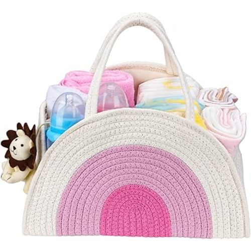 Baby Diaper Caddy- With Removable Dividers, Nursery Storage Bin and Car Organizer,Boy & Girl Shower Gift Basket,Portable Organizer,Nursery Essentials-Rainbow Pink