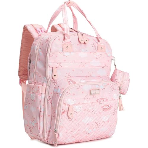 BabbleRoo Diaper Bag Backpack - Baby Essentials Travel Tote - Multi Function Water Resistant Diaper Bag, Travel Essentials Baby Bag with Changing Pad, Stroller Straps & Pacifier Case - Pink Birdy