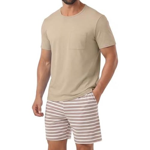 PrinStory Mens Pajamas Set Short Sleeve Pjs 2 Piece Pajama Soft Sleepwear Loungewear with Pockets