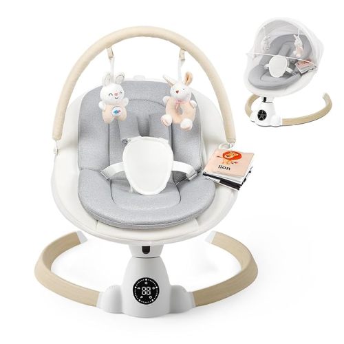 Baby Swing for Infants, Portable Electric Baby Swings with Bluetooth, 5 Swing Speed, 10 Lullabies, 5-Point Harness, Remote Control & Touch Panel - Infant Swing for Indoor & Outdoor Use, Wood Grain
