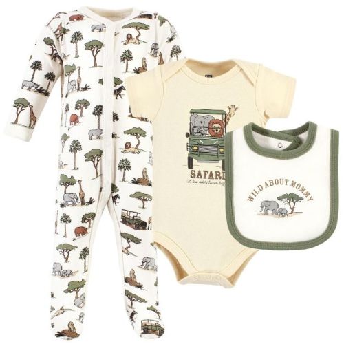 Hudson Baby Infant Boy Cotton Sleep and Play, Bodysuit and Bandana Bib Set, Going On Safari, 0-3 Months