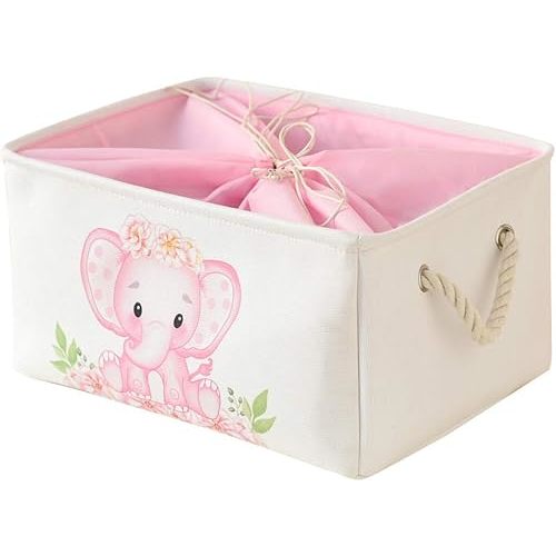 INough Pink Basket Elephant Storage Bins for Kids, Gift Box for Baby,Collapsible Storage Basket for Toys Clothes,Fabric Laundry Baskets for Baby/Kids/Nursery Room (Medium, Pink Elephant)