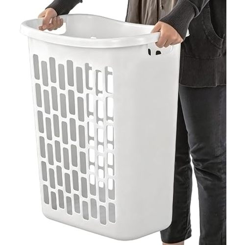 Large Plastic Laundry Hamper, White, Slim Rectangular, Ventilated, 63 Liter, Reinforced Handles, Clothes Basket for Bathroom, Dorm, and Closet