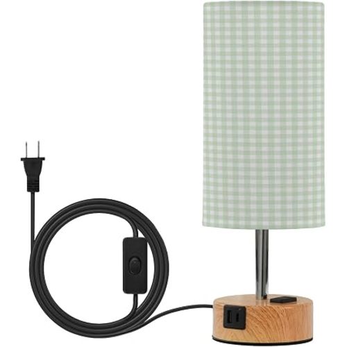 Kigai Green Gingham Checkered Bedside Table Lamp for Bedroom 3 Way Dimmable Touch Nightstand Desk Lamp USB Charging Ports Fabric Shade for Living Room Office, LED Bulb Included