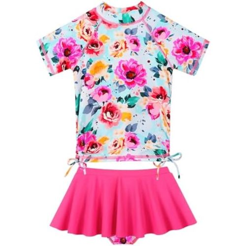 Girls Two Piece Swimsuits Short Sleeve Rash Guard Ruffle Bikini Skirt