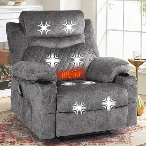 Oversized Heated Massage Manual Recliner Chair with Cup Holder Grey Fabric