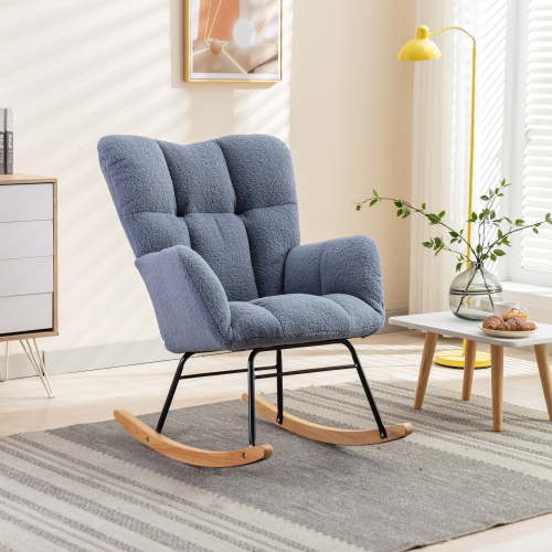JXXRZ Nursery Rocking Chair, Oversized Teddy Plush Rocker with Modern Upholstered High Back and Solid Wood Legs, Light Blue