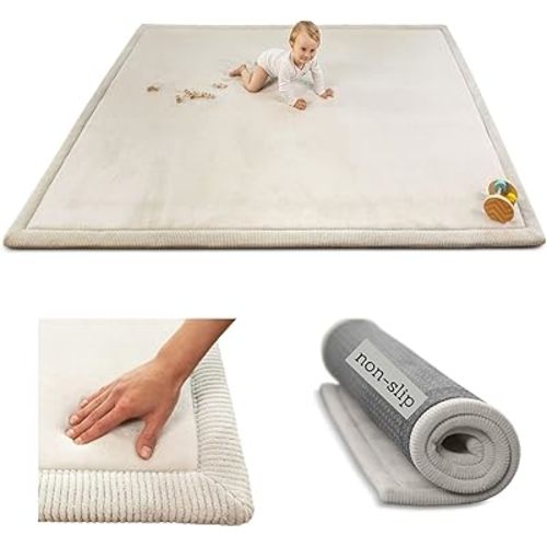Premium Baby Play Mat 60”x80” Light Gray – Cloud-Soft Coral Velvet Memory Foam Rug for Crawling & Play – Non-Slip, Water-Repellent, Easy-Care Tummy Time Mat – Non-Toxic Padded Playmat