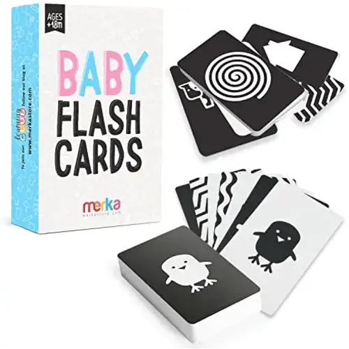 merka High-Contrast Baby Flashcards – Set of 50 Black-and-White Flash Cards for Visual Stimulation and Brain/Sensory Development – Learning Tool for Infants and Toddlers Aged 0 to 18 Months