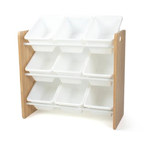 Humble Crew Kids Toy Organizer with 9 Bins, 3 Tier Storage for Playroom | Sturdy wood and steel toddler shelf, removable BPA-free containers, wall anchor anti-tip safety kit for bedroom or classroom
