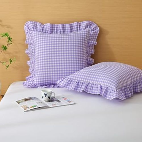 Silnuo 2 Pack Purple/White Plaid Ruffle Throw Pillow Covers,100% Washed Cotton Farmhouse Gingham Decorative Pillow Shams Checkered Pillowcases 20" x 20" for Bed,Sofa,Living Room