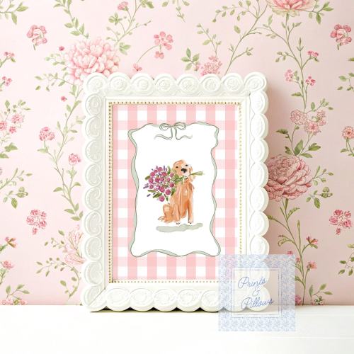Watercolor Golden Retriever Nursery Print: Pink Gingham Puppy Bow Art
