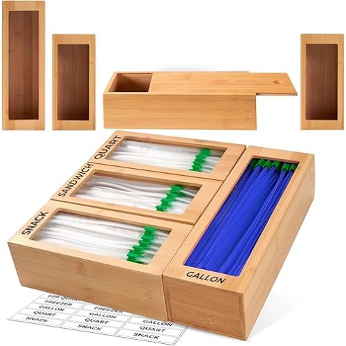 Bamboo Storage Bag Organizer, Sandwich Bag Organizer - Single block Design with Labels Included, Baggie Organizer for drawer, Quick Refill Slider, Compatible with Half Gallon, Quart, Snack size bags