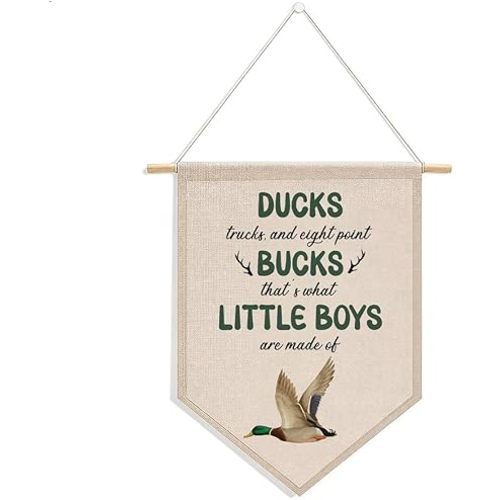 Mallard Ducks Nursery Decor Wall Art Pennant Flag, Boy Hunting Decoration, Duck Flag Sign, Mallard Duck Canvas Banner Wall Decor for Baby Shower Birthday Party Nursery Bedroom Playroom 14x16 Inch