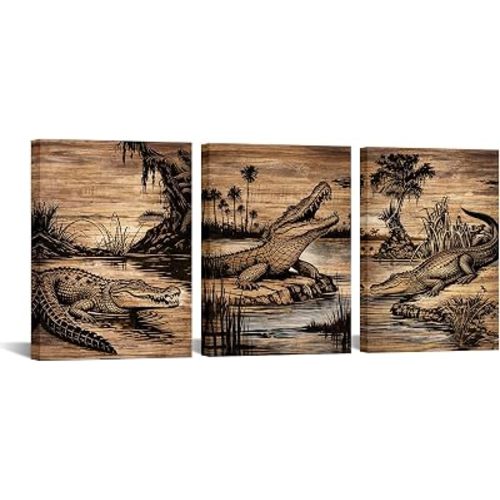 LevvArts Rustic Cabin Wall Decor Alligator Wall Art Canvas Print Crocodile Paintings for Vintage Farmhouse Lake House Decor 12"x16"x3