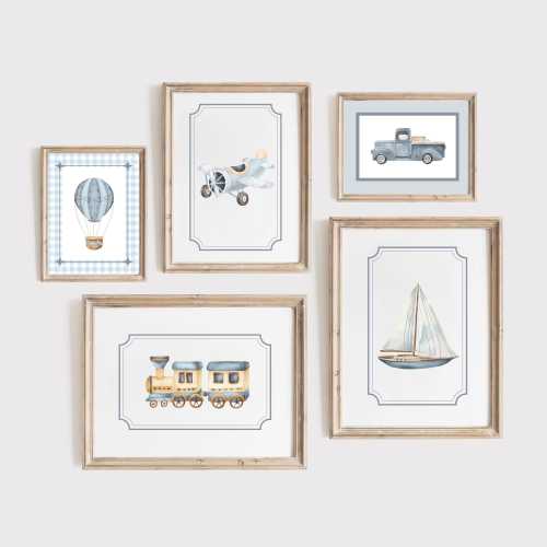 Travel Boy Nursery Wall Art | Blue Vintage Transportation Prints | Boy Room Watercolor Truck Hot Air Balloon Boat Plane Train Prints