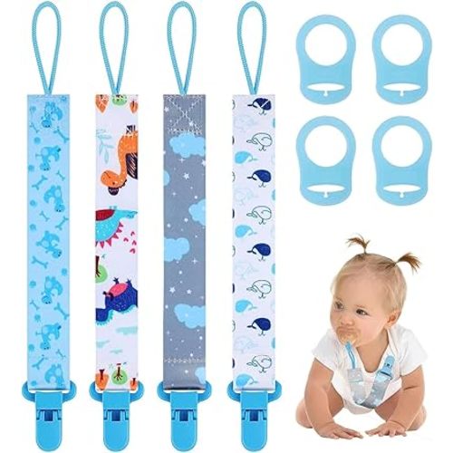 4 Pcs Baby Dummy Strap Clip, Pacifier Clip Dummy Holder Straps with 4 Silicone Adapter, Soother Chains Clips Fit All, Soothers, Teething Toys, Baby Essentials (4 Pcs Blue)…