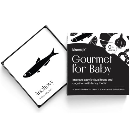 Gourmet for Baby High Contrast Sensory Learning Toy 10 Black & White Flash Cards of Food Shapes. Tummy Time Pillow Games Curious Baby Toys Activity Infant & Newborn Essentials 0+ Months