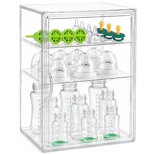 Baby Bottle Organizer, 3-Tier Clear Bottle Station Organzier for Countertop Cabinet, Acrylic Storage Organizers Container with Magnetic Door for Bottles, Pacifiers, Pump Parts