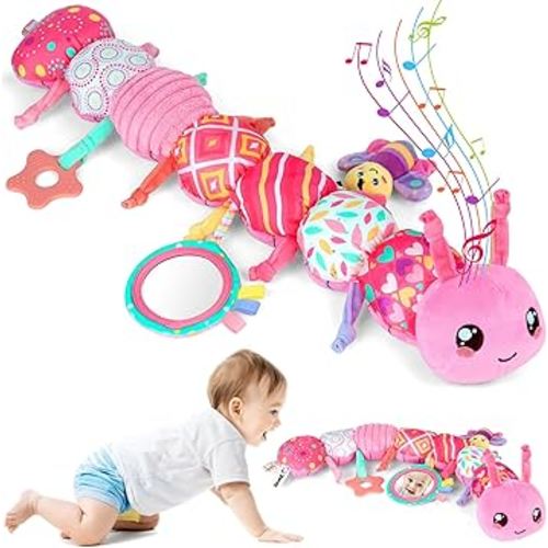 Baby Girls Toys 6-12 Months - Infant 6-in-1 Sensory Music Animal Stuffed Caterpillar Toy with Rattle & Mirror Crinkle for Tummy Time, Newborn 0 3 6 9 12 18 Shower Gifts Soothing Companion Toys, Pink