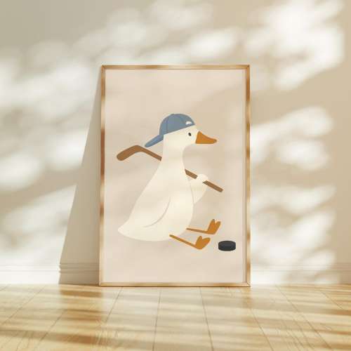 Silly Goose Print, Silly Goose Wall Art Print, Boy Nursery Decor, Toddler Boy Art, Farm Animal, Goose Playing Hockey, Cottage Core Decor