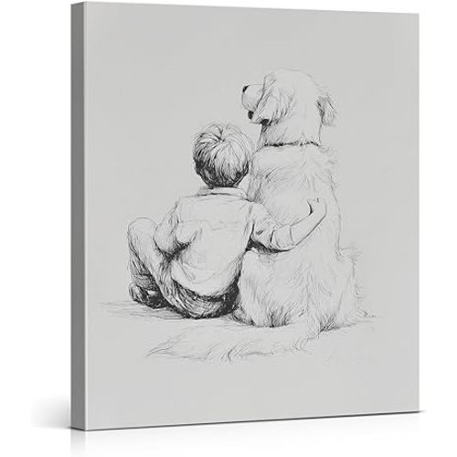 Funny Dog Wall Art Print Boy with Golden Retriever Canvas Poster Painting Vintage Wall Decor for Home Nursery Bedroom Kid's Room 8x10 Inch Framed