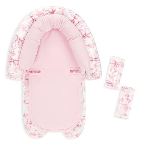 Baby Car Seat Head Support for Newborn, 2 in 1 Infant Car Seat Head Body Support with Strap Pads, Soft Stroller Cushion Pillow Insert for Girls, Fits for Stroller, Swing, Pink Bow & Flowers