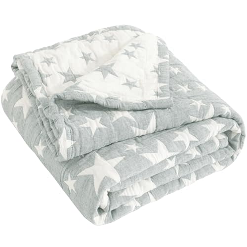 NTBAY 3 Layer Muslin Toddler Blanket, 30 x 40, Grey Star | Breathable Muslin Cotton Outer Layers with Light Thermal Fill, Reversible for Stroller, Daycare, Travel, and Supervised Use