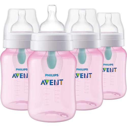 Philips Avent Anti-Colic Baby Bottle with AirFree Vent, 9oz, with Flow 2 Nipples, 1m+, 4pk, Pink, SCY703/14