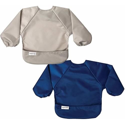 Tiny Twinkle Long Sleeve Bib for Babies & Toddlers | 2-Pack Waterproof Smock Bib for Eating | Machine Washable & Mess-Proof Feeding Essentials | Newborn Shower Gift (Grey Indigo,6–24M)