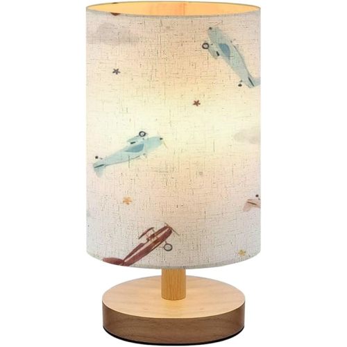 Bedside Lamp for Bedroom, Cute Kids Watercolor Pattern for a boy Airplanes Clouds Small Lamp, Linen Lampshade Table Lamp, Dimmable Nightstand Lamp with Woodbase for Living Room Office