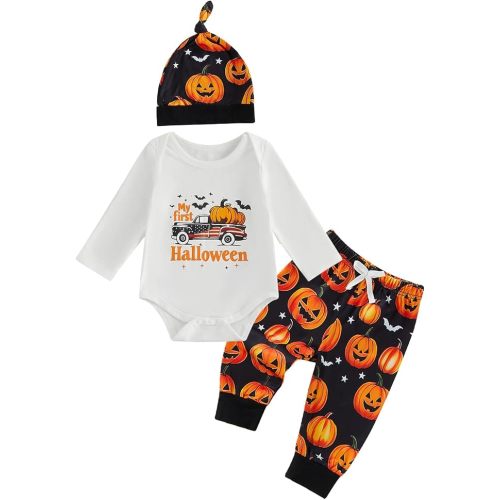 Newborn Baby Boy Halloween Outfit Letter Pumpkin Romper Long Pants with Hat