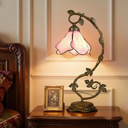 Tiffany Table Lamp Pink Flower Stained Glass Lamp Metal Leaf Base