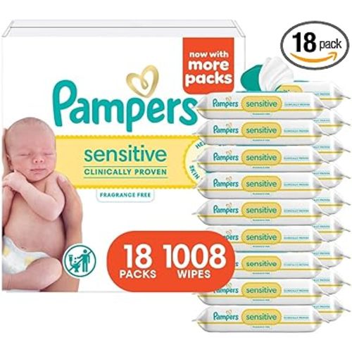 Pampers Sensitive Baby Wipes, Water Based, Hypoallergenic and Unscented, 18 Flip-Top Packs (1008 Wipes Total) [Packaging May Vary]