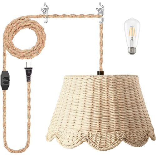Plug in Scalloped Pendant Light, Rattan Hanging Lights with Plug in Cord 15FT Hemp Rope Cord, Dimmable Switch – Indoor Hanging Lamps for Boho Living Room Bedroom（Bulb Included） (Natural)
