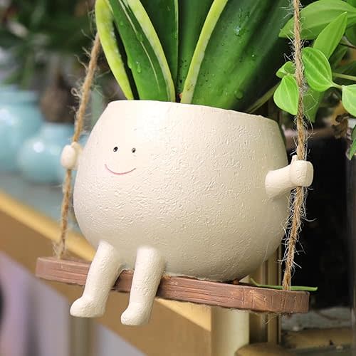 HUNTHAWK Swing Face Planter Pot Hanging Resin Flower Head Planters for Indoor and Outdoor Plants, Succulent Pots for String of Pearls Plant - Ideal Gifts for Mother's Day and Christmas (Medium)