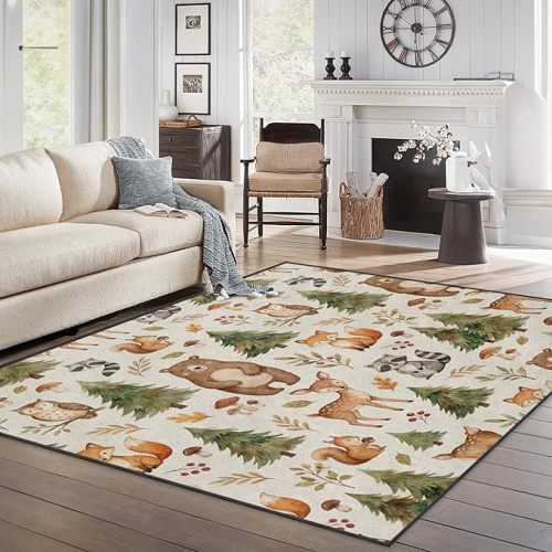 Area Rugs 5'x7' Washable Rug, Woodland Watercolor Forest Stain 4Resistant Non Slip Backing Animals Nursery Carpet for Living Room Bedroom Dining Room