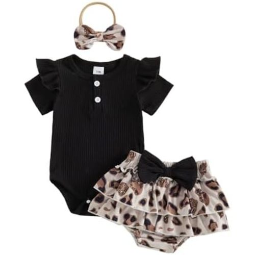 fhutpw Newborn Baby Girl Clothes Ribbed Sleeve Romper Top Leopard Ruffle Shorts Bow Headband Infant Summer Outfits 0-18M