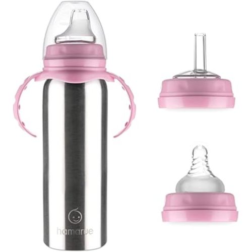 3-in-1 Stainless Steel Baby Bottle – Converts from Newborn Bottle to Sippy Cup to Straw Cup, Ages 0–4, Leak-Proof, 8 oz Pink